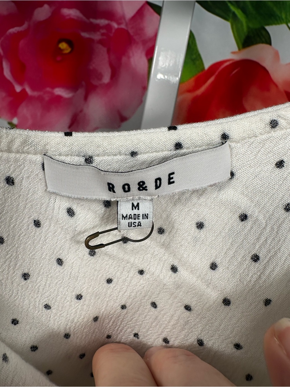 P215. Ro & De White Polka Dot One-Shoulder Ruffle Top with Black Trim - Picture 2 of 5